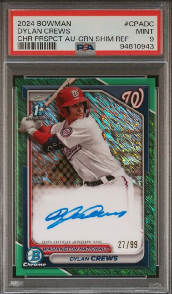 2024 Bowman Dylan Crews Chrome Prospects Auto Green Shimmer Refractor /99 MINT PSA 9