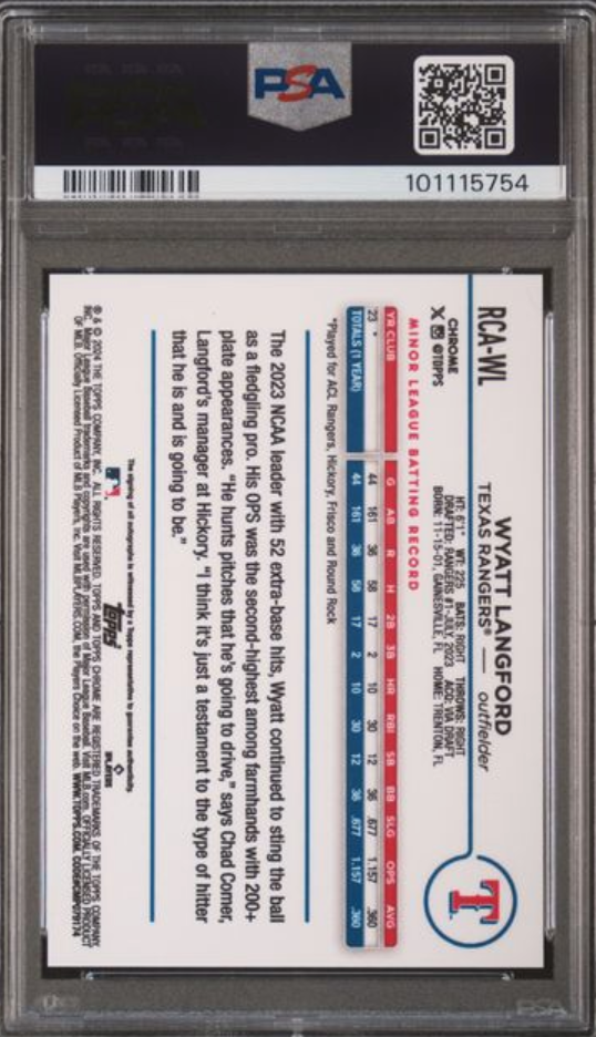 2024 Topps Chrome Logofractor Wyatt Langford Auto Green Refractor GEM MINT PSA 10