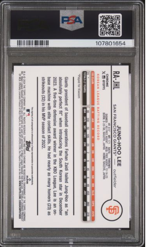 2024 Topps Chrome Jung-Hoo Lee Rookie Auto Orange Refractor /25 GEM MINT PSA 10