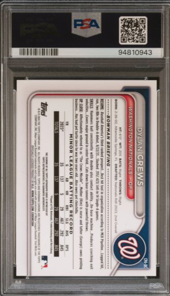 2024 Bowman Dylan Crews Chrome Prospects Auto Green Shimmer Refractor /99 MINT PSA 9