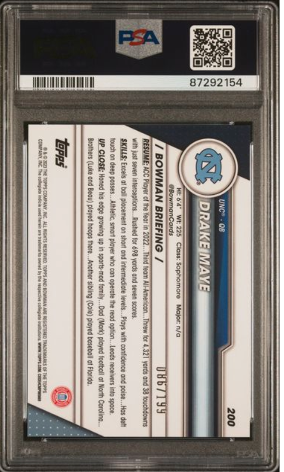 2023 Bowman U Chrome #200 Drake Maye Blue /199 GEM MINT PSA 10