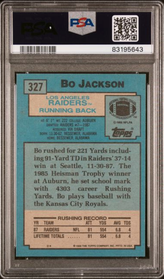 1988 Topps Bo Jackson # 327 GEM MINT 10 - Football Rookie Card