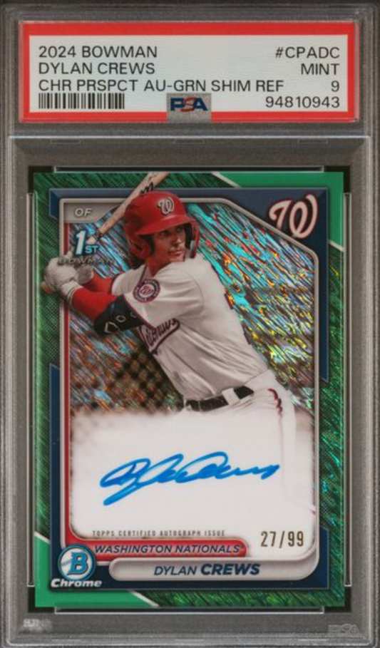 2024 Bowman Dylan Crews Chrome Prospects Auto Green Shimmer Refractor /99  MINT PSA 9